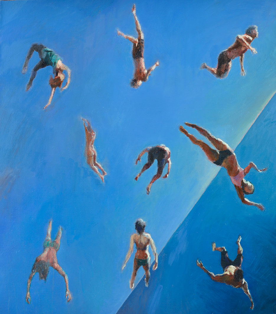Blue oil painting of falling figures and acrobats